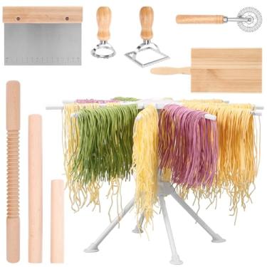 Imagem de Kit de 9 peças para fazer massa de madeira com 3 rolos, 1 prateleira de secagem, 1 tábua de nhoque, 1 cortador de massa, 1 cortador de ravióli, 2 carimbos de massa para cozinhar em casa