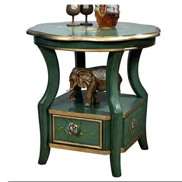 Imagem de Mesa de cabeceira moderna e tradicional com enfeite de cabeceira, mesa de centro redonda pintada de flores com gaveta e prateleira de armazenamento, mesa lateral de sofá vintage para sala de estar