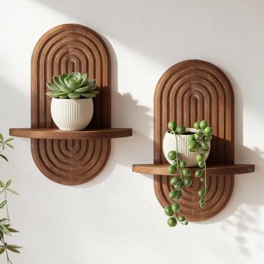 Imagem de Heiple Conjunto de 2 prateleiras flutuantes boho arqueadas 38 x 19 cm, prateleira suspensa de madeira 3D para sala de estar, quarto, berçário, decoração de parede moderna de meados do século (marrom
