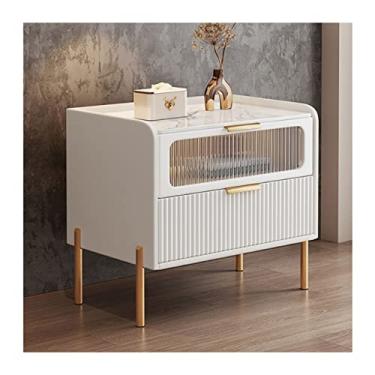 Imagem de Mesa de cabeceira moderna branca moderna mesa de cabeceira mesa lateral com elegantes bancadas de laje de rocha, porta decorativa de vidro e espaço de armazenamento de 2 camadas, para quarto, sala de