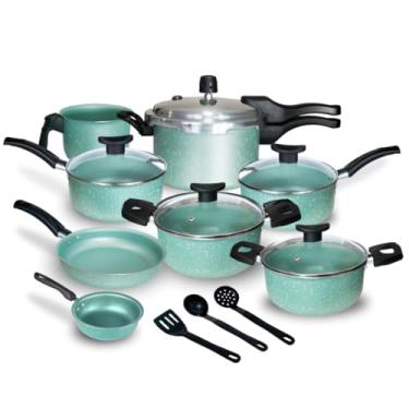 Imagem de Jogo de Panelas Teflon com Panela de Pressão 2.5L - Fechamento Externo, 11 Peças Completas para Cozinhas Domésticas (Menta)