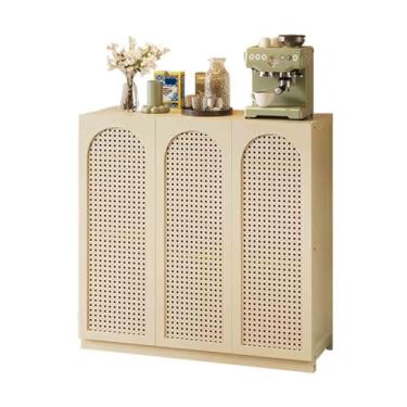 Imagem de Aparador de cozinha retrô para cozinha, sala de estar, rattan no chão, três portas, branco/preto, armário buffet (branco)