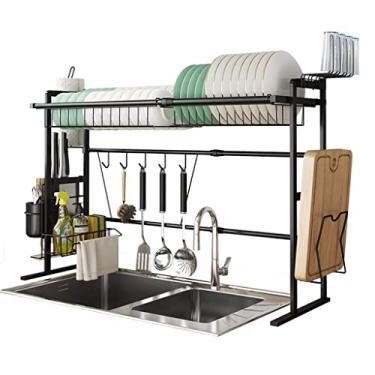 Imagem de Escorredor de pratos de cozinha para pia de pratos rack de drenagem telescópica escorredor de pratos rack de armazenamento de pia rack de armazenamento preto