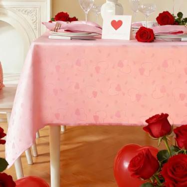 Imagem de SASTYBALE Toalha de mesa retangular rosa, 152 x 250 cm, tecido de cetim luxuoso com padrão de coração em relevo, elegante capa de mesa reutilizável para jantar do dia dos namorados, encontros