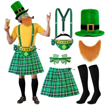 Imagem de Augacage Kit de fantasia de dia de São Patrício, 7 peças, fantasia de duende, inclui suspensórios de kilt verde xadrez irlandês, pochete verde com chapéu, meias e óculos, barba falsa para fantasias