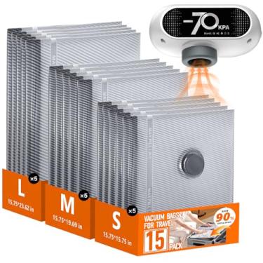 Imagem de Sacos portáteis de armazenamento a vácuo, sacos de compressão recarregáveis de vários tamanhos com bomba elétrica, economia de espaço para armazenamento de viagens e organização de roupas, branco