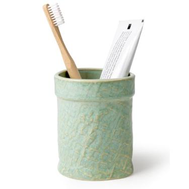 Imagem de Suporte de escova de dentes, suporte de escova de dentes para banheiro - Porta-escova de dentes de cerâmica para bancada, suporte de pincel de maquiagem, suporte de caneta, 9 cm x 9 cm x 11 cm, verde