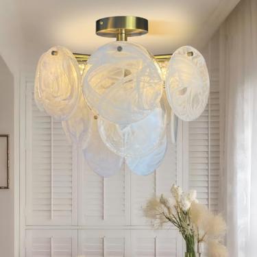 Imagem de Axamate Pequeno lustre de cristal semi embutido luminária de teto moderno bronze dourado nuvem vidro lustre luz para entrada corredor banheiro quarto