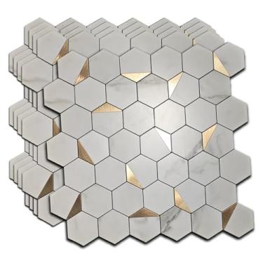 Imagem de Azulejos de fundo hexagonais destacáveis e colados, mármore branco com detalhes dourados, PVC impermeável, 10 folhas, mosaico autoadesivo para cozinha, banheiro, lareira (10, dourado)