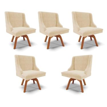 Imagem de Kit 5 Cadeiras Decorativas Sala De Jantar Base Giratória De Madeira Firenze Suede Bege/natural G19