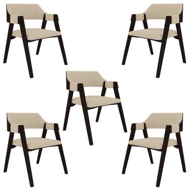 Imagem de Kit 5 Cadeiras Sala de Jantar e Jogos Carteados Madeira Maciça Poker Linho OffWhite/Tabaco G42 - Gran Belo