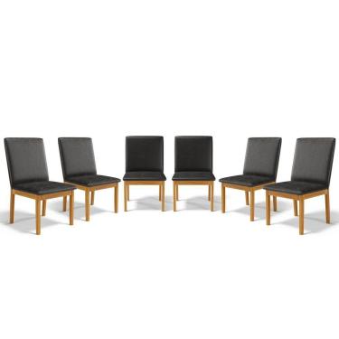 Imagem de Kit Com 6 Cadeiras Daniela Madeira Maciça Estofada Para Mesa De Jantar Courino Preto 503