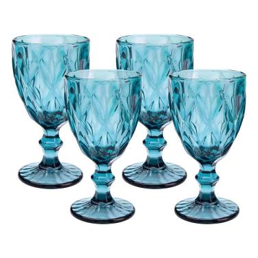 Imagem de Jogo 4 Taças De Vidro Diamond Diamante Azul 300ml água Class Home