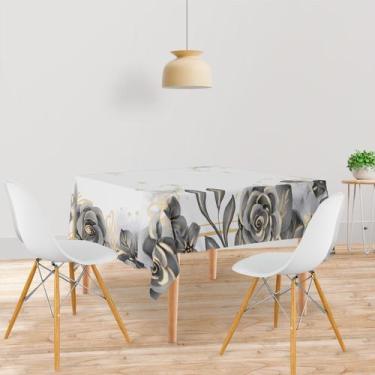 Imagem de Toalha De Mesa Quadrada Tecido Oxford Aquarela Flores Pretas e Dourada