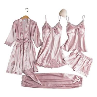 Imagem de Conjunto de pijama feminino de cetim, 5 peças com painéis de renda, ca