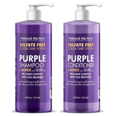Imagem de Shampoo e Condicionador 473 ml para Cabelos Loiros e Platinados Remove tons de, NATURAL RICHES, Violeta