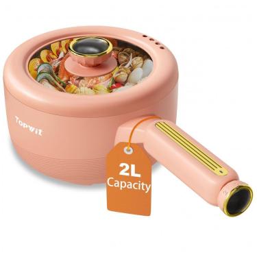 Imagem de TopWit Panela Elétrica Portátil 2L com Revestimento Antiaderecente, Controle Duplo de Potência e Espátula de Silicone, Pêssego