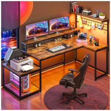 Imagem de Mesa Gamer em L EnHomee 160 cm com Luzes LED e Tomadas Elétricas, Design Reversível com Prateleiras de Armazenamento e Ganchos