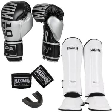 Imagem de Kit muay thai luva intermediária silver + caneleira classic white + ba