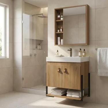 Imagem de Conjunto Gabinete para Banheiro Suspenso em MDF com Cuba, Nichos e Esp