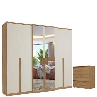 Imagem de Guarda Roupa Casal Valência 6 Portas Full Glass Capuccino Off White Cômoda Gaveteiro Co...