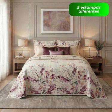 Imagem de Kit Colcha Cobre Leito King Dupla Face Matelado Boutis 3 Peças Floral 