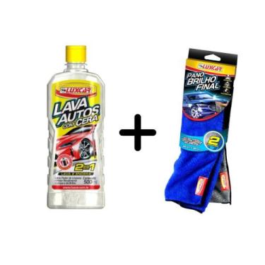 Imagem de Kit Lavagem Automotiva Luxcar Pano Brilho Final + Lava Autos 500ml