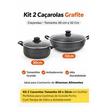 Imagem de Kit 2 Panelas Caçarola Grande Antiaderente Grafite 30cm e 32cm com Tam