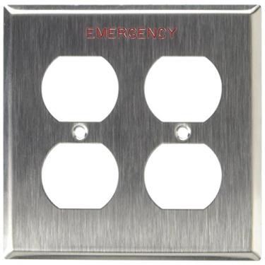 Imagem de Leviton 84016-E40 Placa de tomada de dispositivo duplex de 2 entradas, suporte de dispositivo, emergência gravada, aço inoxidável