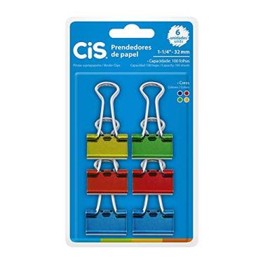 Imagem de Blinder Clip Colorido 32mm para 100 Folhas, CiS, 291.6200, 6 Unidades