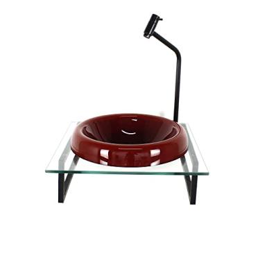 Imagem de GABINETE COM CUBA DE VIDRO CHAPEU 10MM VERMELHO CEREJA COM TAMPO 40CM INCOLOR MAIS TORNEIRA METAL PRETA