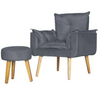 Imagem de Conjunto Poltrona Para Sala E Puff Redondo Suede Cinza