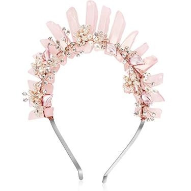 Imagem de Tiara de coroa de quartzo de cristal cru feminina coroa rosa flor de cristal sereia tiara bandana artesanal pedra natural bruxa cabeça de deusa para meninas festa de casamento noiva fantasia acessórios de cabelo