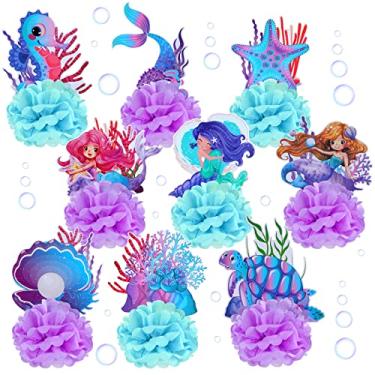Imagem de 9 Pcs Mermaid Centerpieces Ocean Mermaid Theme Party Decorations Supplies Underwater Animals Party Favors Double Sided Honeycomb Mermaid Table Decorations Favor for Girls Birthday Baby Shower Wedding