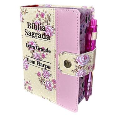 Imagem de Biblia Sagrada Letra Grande C/Harpa E Botão - Floral E Rosa