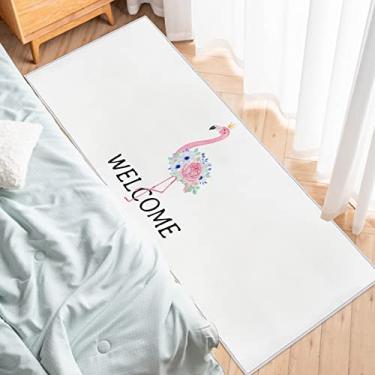 Imagem de Tapete de corredor de cozinha, flamingo rosa aquarela de boas-vindas com flor, branco, antiderrapante, tapete para porta de corredor, tapete para lavanderia, cabeceira, banheiro, quarto, 48 x 128 cm