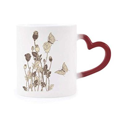 Imagem de Caneca de flor com folhas de borboleta rosa sensível ao calor Caneca de grés que muda de cor vermelha