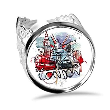 Imagem de DIYthinker Anel London Bus Big Ben UK aquarela ajustável amor casamento noivado