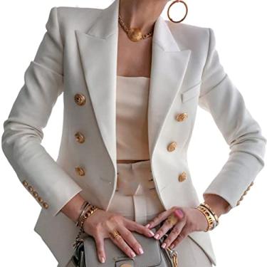 Imagem de Jaqueta Blazer Feminina, Botão de Trabalho Causal Frente Aberta Terno de Negócios Manga Longa Blazer Sólido, Branco, M Busto: 90 CM)