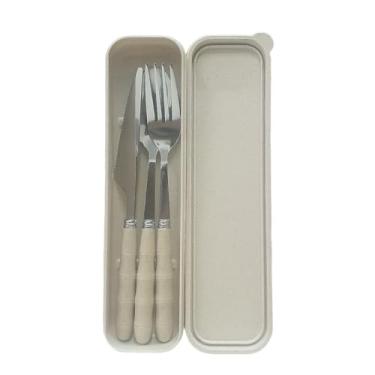 Imagem de Jogo Talher 3 Peças Inox Estojo Garfo Faca Colher Marmita Viagem (Bege)