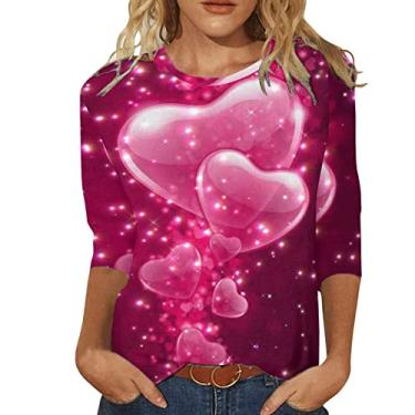 Imagem de Elogoog Camisetas femininas estampadas para o dia dos namorados na moda vocação blusa bloco de cores bonito coração estampado amor blusa manga 3/4 tops, O, M