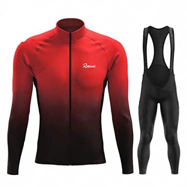 Imagem de Conjunto de camisa de ciclismo quente masculino de inverno térmico de lã para bicicleta ao ar livre manga longa 3D acolchoado babador calças para corrida, vermelho, PP (160 cm/53 kg)