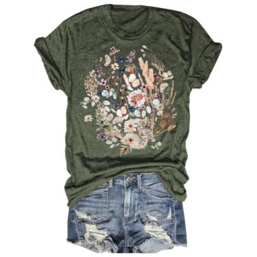 Imagem de Camiseta feminina vintage floral casual boho estampa floral girassol flores silvestres camisetas para meninas, 3-a-verde, M
