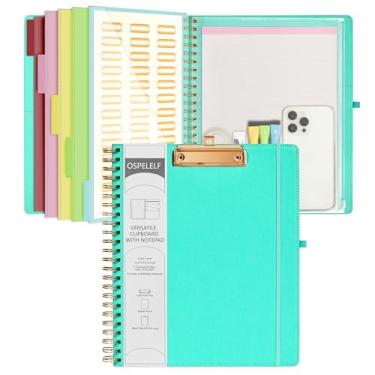 Imagem de Ospelelf Prancheta dobrável em espiral com bolsa de armazenamento com zíper, 5 pastas de plástico com 10 bolsos, bloco de notas forrado recarregável (28 x 21,6 cm), organizador de projetos de capa