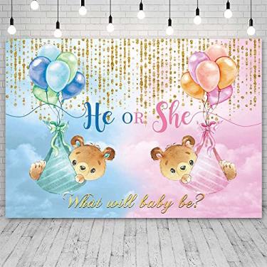 Imagem de SENDY Urso de 2,4 x 1,8 m de fundo revelador de gênero para ele ou ela, o que será o bebê, fundo fotográfico, azul, rosa, com glitter, decoração de festa, banner, adereços para cabine de fotos