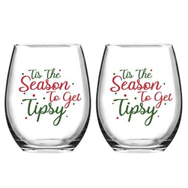 Imagem de Taça de vinho sem haste Tis the Season to Get Tipsy Christmas, conjunto de 2 taças de vinho de Natal engraçadas, presentes de casamento para mulheres, amigos, homens, família, vinho, 425 g