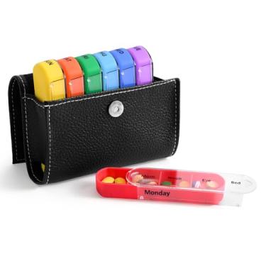 Imagem de Caixa organizadora semanal de pílulas, lembretes de medicamentos para viagem, dia à noite, 7 compartimentos em estojo de transporte de couro