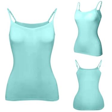 Imagem de Regata com sutiã embutido para mulheres verão casual stretch camiseta sem mangas gola redonda ioga atlética alças finas, Verde menta, 3G