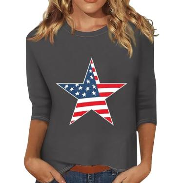 Imagem de 4th of July Camisetas femininas 4th of July Shirts Star Stripes 3/4 manga bandeira americana blusas soltas casuais, Cinza #2, G