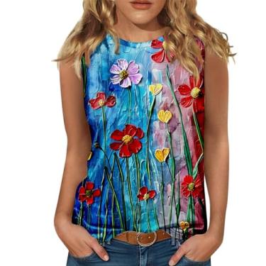 Imagem de Camiseta regata feminina com estampa floral, frente única, sem mangas, verão, casual, folgada, túnica, boho, férias, Azul, P